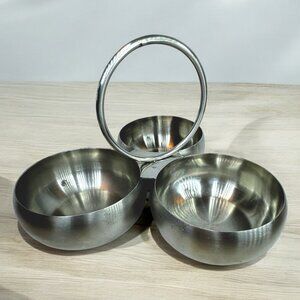 Condiment Trio Divided Serving Dish Silver Stainless Steel Modern Look